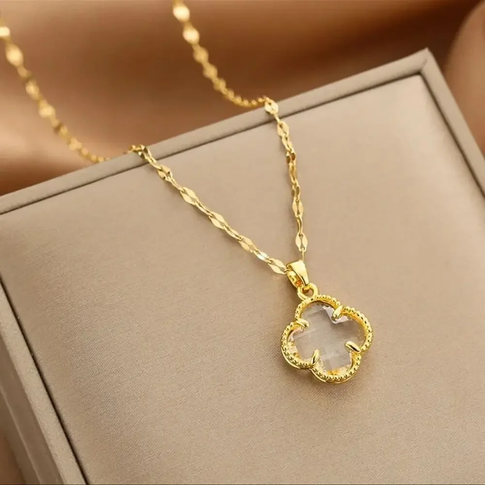 Gold Plated Four Leaf Clover Crystal Pendant Necklace